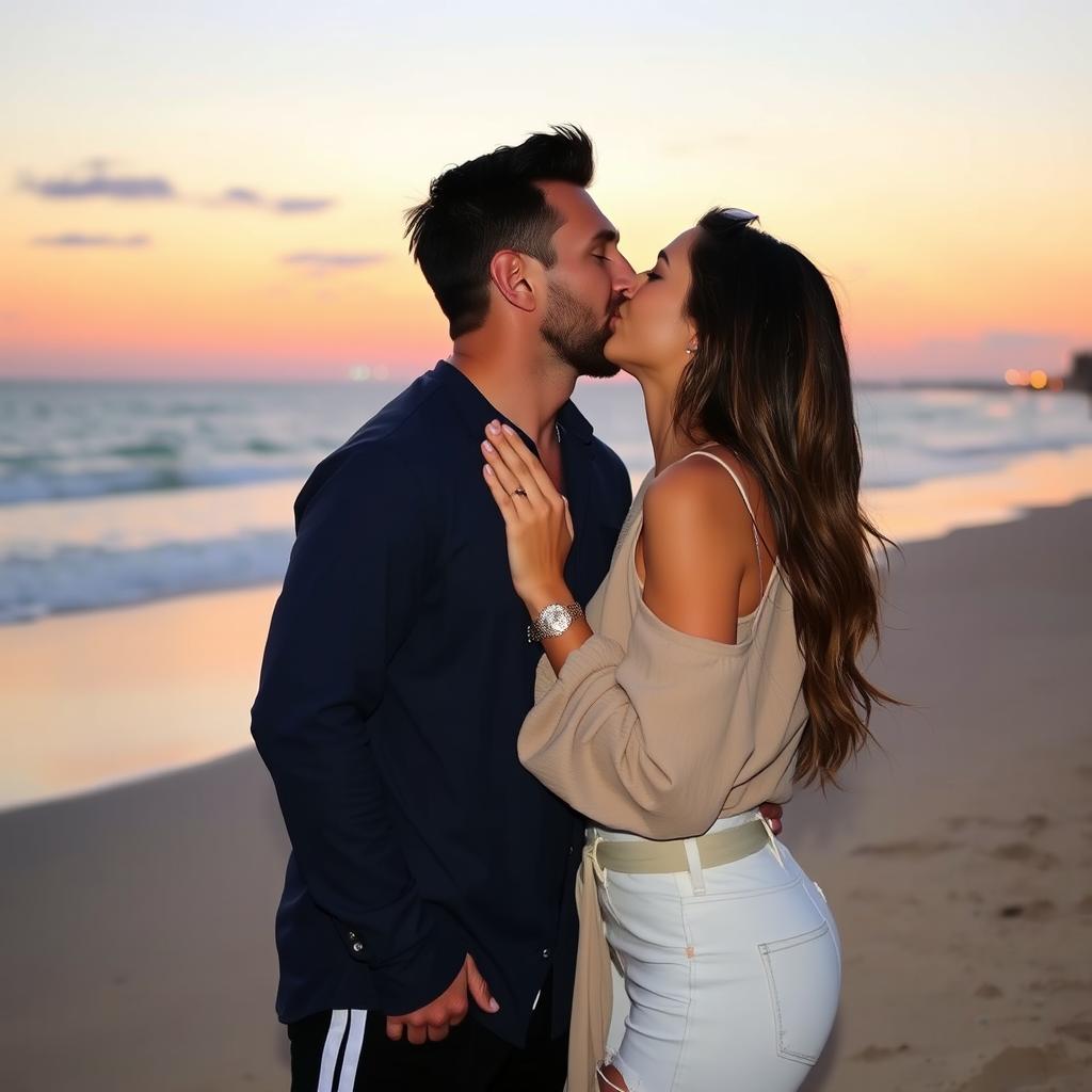 Lionel Messi and Georgina Rodriguez sharing a kiss in a romantic setting