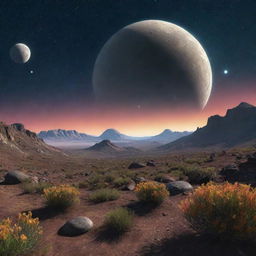 A fantastical extraterrestrial planet named Segna, with unusual flora and fauna, bright ring system, and a multiple moon system against a starry background