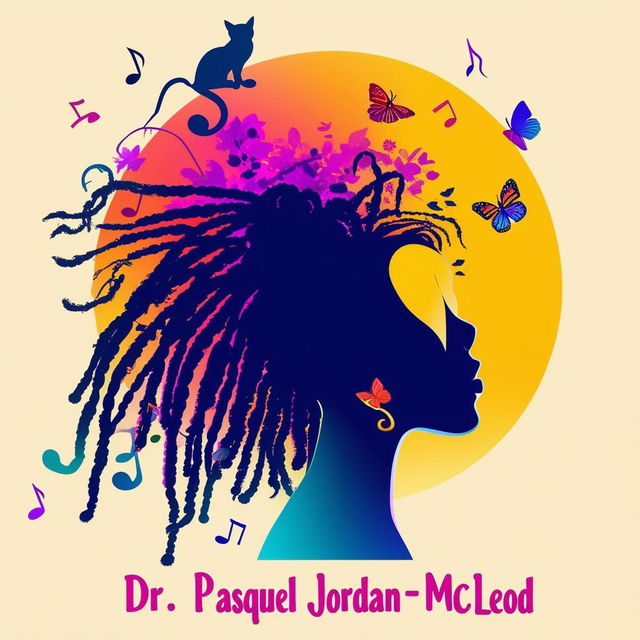 Design a vibrant and bold logo for a book featuring a silhouette of a woman with short dreadlocks, music notes, butterflies, and two cat silhouettes