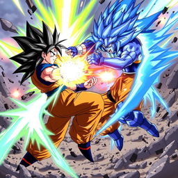 Create an image depicting an epic battle between Goku in his Super Saiyan Blue form and Cell in his Max form