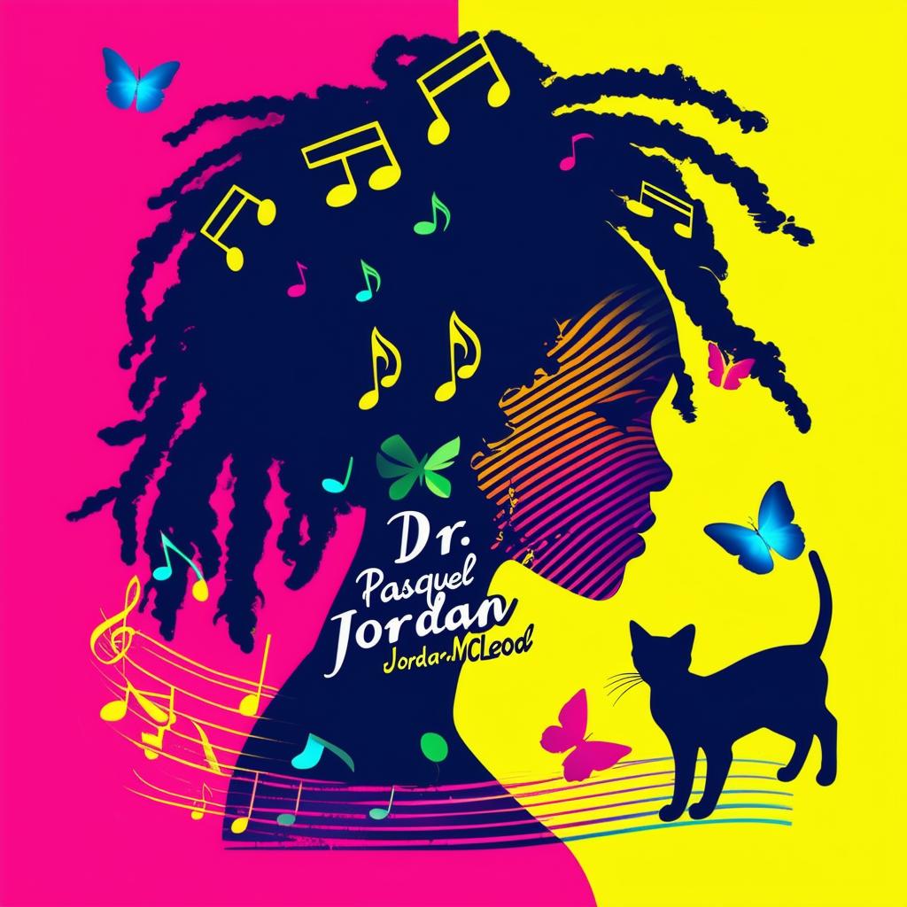 Design a vibrant and bold logo for a book featuring a silhouette of a woman with short dreadlocks, music notes, butterflies, and two cat silhouettes