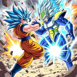 Create an image depicting an epic battle between Goku in his Super Saiyan Blue form and Cell in his Max form