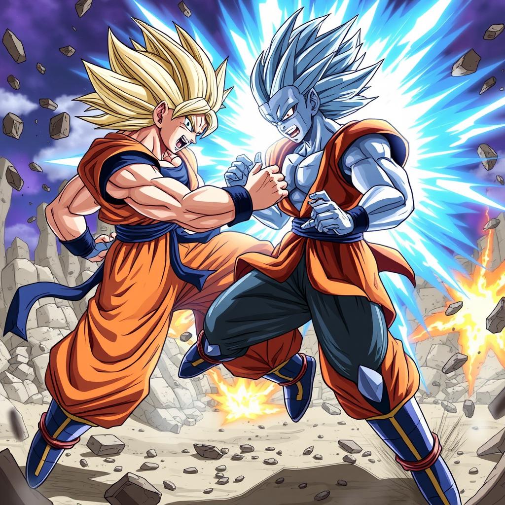 Create an image depicting an epic battle between Goku in his Super Saiyan Blue form and Cell in his Max form