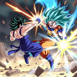 Create an image depicting an epic battle between Goku in his Super Saiyan Blue form and Cell in his Max form