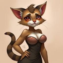 A sexy, cute, and flustered cat beastfolk character with a seductive aura