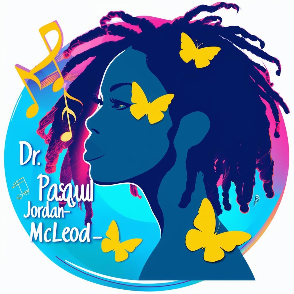 Create a vibrant logo for a book featuring a silhouette of a woman with short dreadlocks, music notes, butterflies, and two cat silhouettes