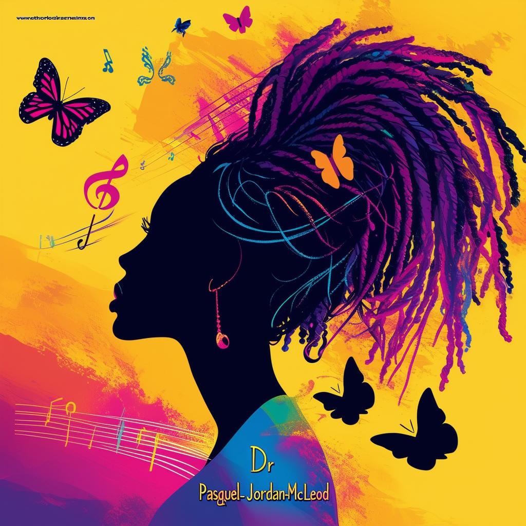 Create a vibrant and bold logo for a book featuring a silhouette of a woman with short dreadlocks, music notes, butterflies, and two cat silhouettes