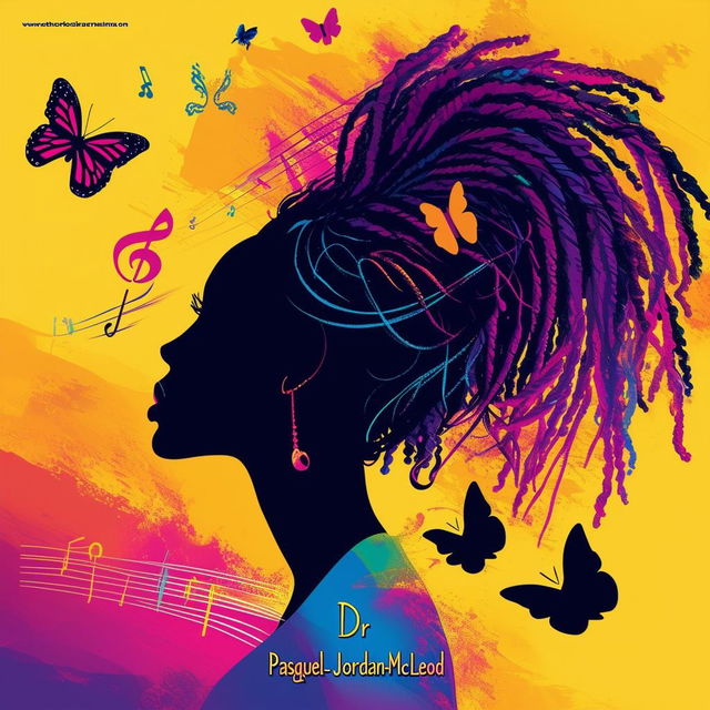 Create a vibrant and bold logo for a book featuring a silhouette of a woman with short dreadlocks, music notes, butterflies, and two cat silhouettes