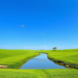 A serene landscape featuring a clear blue sky, lush green fields, and a calm river flowing through the middle