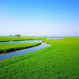 A serene landscape featuring a clear blue sky, lush green fields, and a calm river flowing through the middle