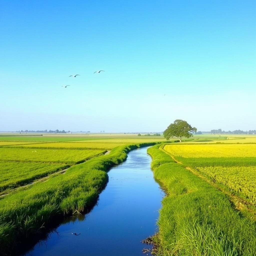 A serene landscape featuring a clear blue sky, lush green fields, and a calm river flowing through the middle