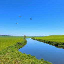 A serene landscape featuring a clear blue sky, lush green fields, and a calm river flowing through the middle