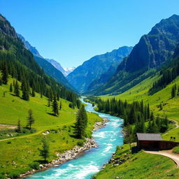 A beautiful landscape with mountains, a river flowing through a lush green valley, and a clear blue sky