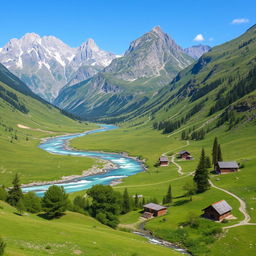 A beautiful landscape with mountains, a river flowing through a lush green valley, and a clear blue sky