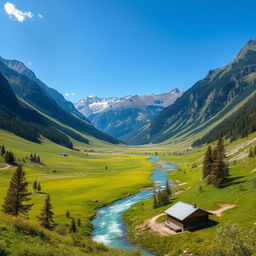 A beautiful landscape with mountains, a river flowing through a lush green valley, and a clear blue sky