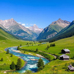 A beautiful landscape with mountains, a river flowing through a lush green valley, and a clear blue sky