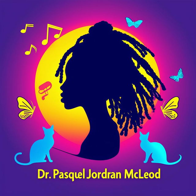 Design a vibrant logo for a book featuring a silhouette of a woman with short dreadlocks, music notes, butterflies, and two cat silhouettes