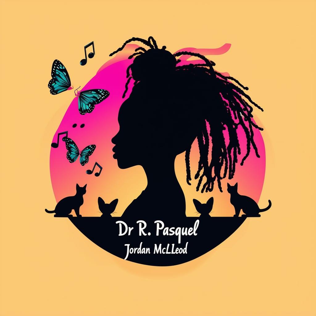 Create an elegant and vibrant logo for a book featuring a silhouette of a woman with short dreadlocks, music notes, butterflies, and two cat silhouettes