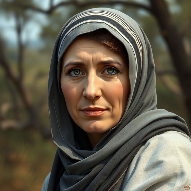 Create a realistic image of a Jewish woman wearing a National Religious head covering