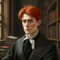 Create a realistic image of a 20th-century scholar with red hair