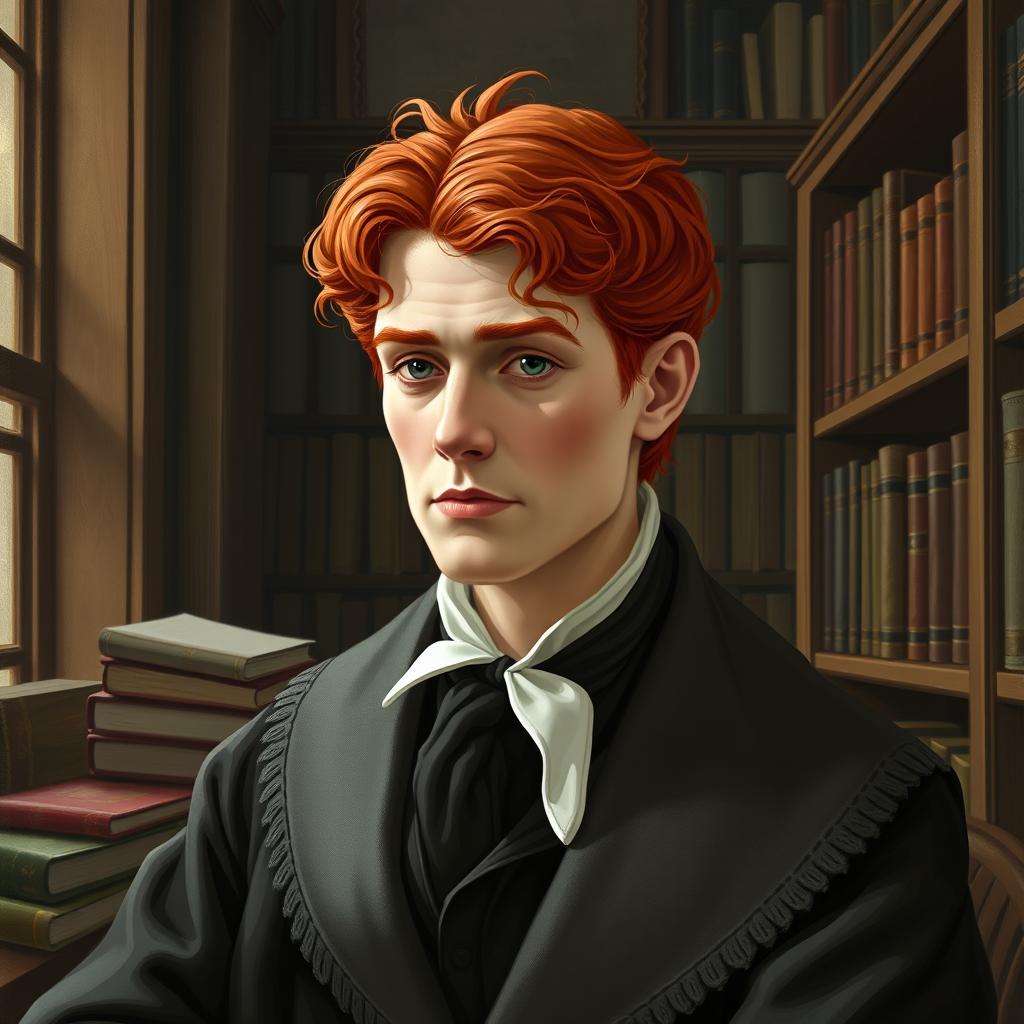 Create a realistic image of a 20th-century scholar with red hair