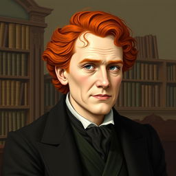 Create a realistic image of a 20th-century scholar with red hair