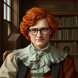 Create a realistic image of a 20th-century scholar with red hair