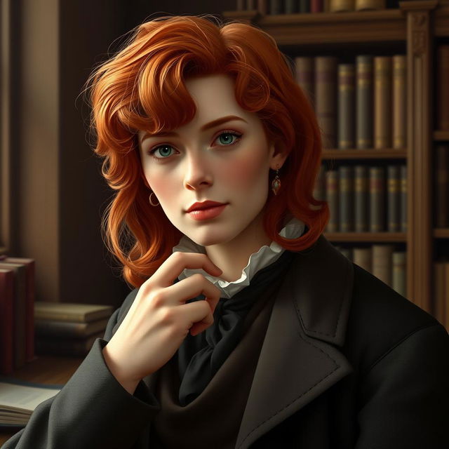 Create a realistic image of a 20th-century scholar with red hair