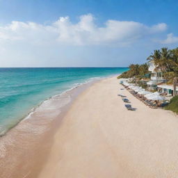 A pristine sandy beach with gentle turquoise waves lapping the shore, adjacent to a charming seaside restaurant with bustling outdoor patio