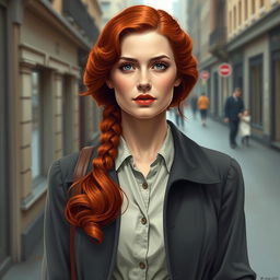 Create a realistic image of a 20th-century woman with red hair