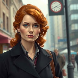 Create a realistic image of a 20th-century woman with red hair