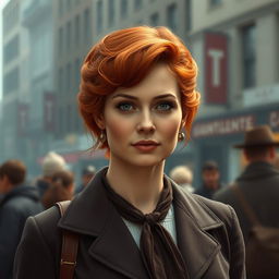 Create a realistic image of a 20th-century woman with red hair