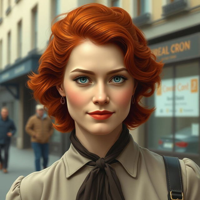 Create a realistic image of a 20th-century woman with red hair