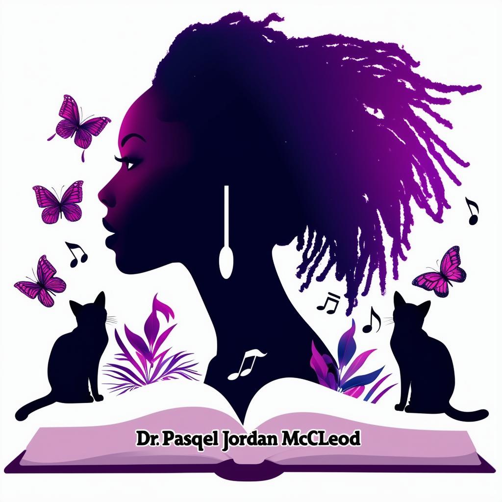 Create an elegant and vibrant logo for a book featuring a silhouette of a woman with short dreadlocks, music notes, butterflies, two cat silhouettes, and an open book