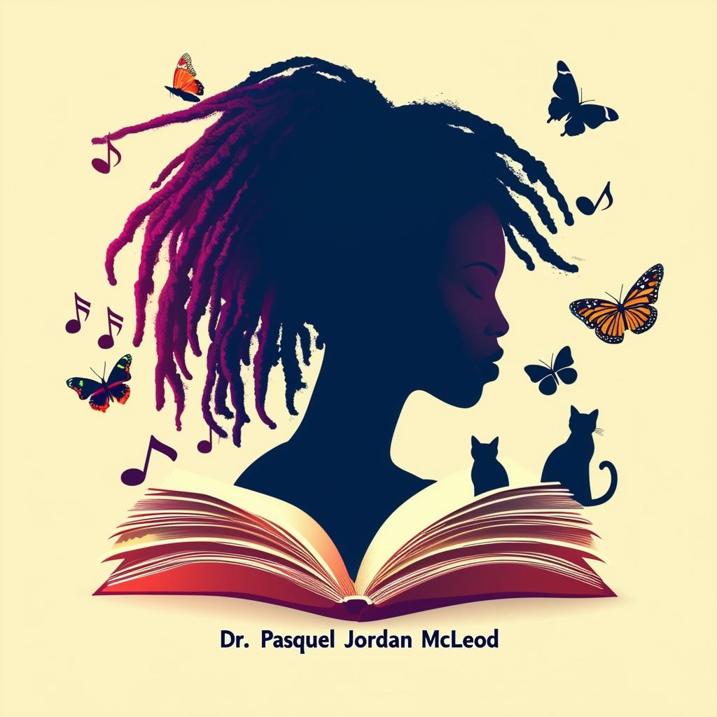 Create an elegant and vibrant logo for a book featuring a silhouette of a woman with short dreadlocks, music notes, butterflies, two cat silhouettes, an open book, and the name 'Dr