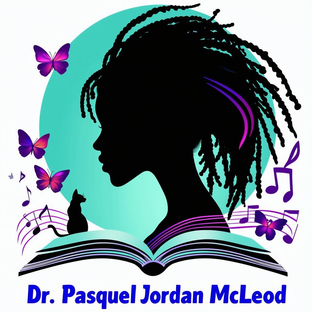 Create an elegant and vibrant logo for a book featuring a silhouette of a woman with short dreadlocks, music notes, butterflies, two cat silhouettes, and an open book