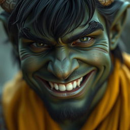 Closeup of a half-orc, half-human male with green skin and no facial hair