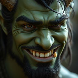 Closeup of a half-orc, half-human male with green skin and no facial hair