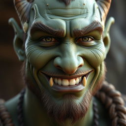 Closeup of a half-orc, half-human male with green skin and no facial hair