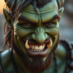 Closeup of a half-orc, half-human male with green skin and no facial hair