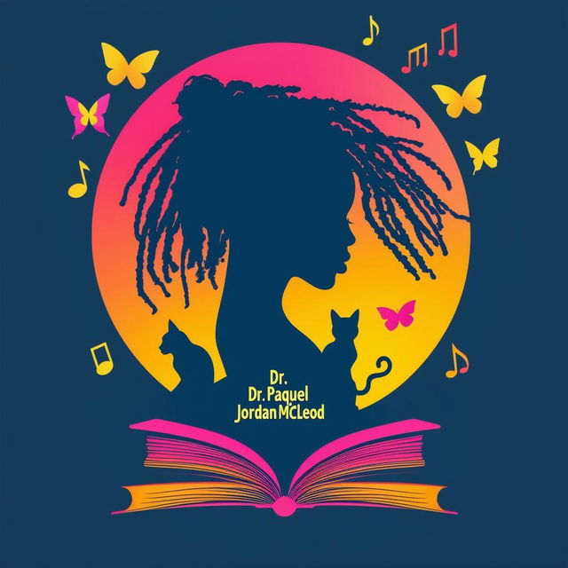 Create an elegant and vibrant logo for a book featuring a silhouette of a woman with short dreadlocks, music notes, butterflies, two cat silhouettes, and an open book