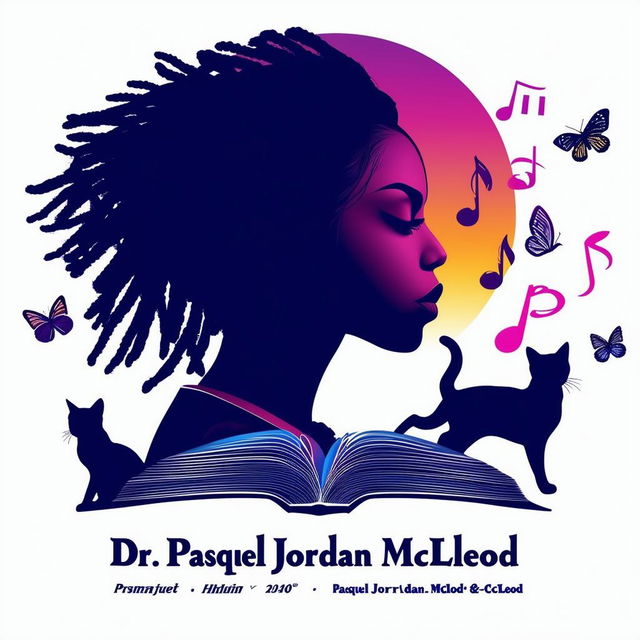 Create an elegant and vibrant logo for a book featuring a silhouette of a woman with short dreadlocks partially covering her face, music notes, butterflies, two cat silhouettes, and an open book