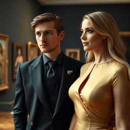 A captivating cinematographic image featuring a full-body scene of an elegant man and a confident woman