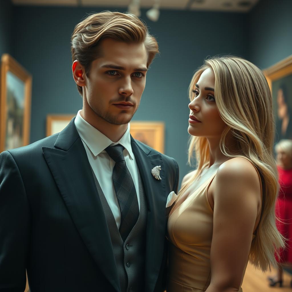 A captivating cinematographic image featuring a full-body scene of an elegant man and a confident woman