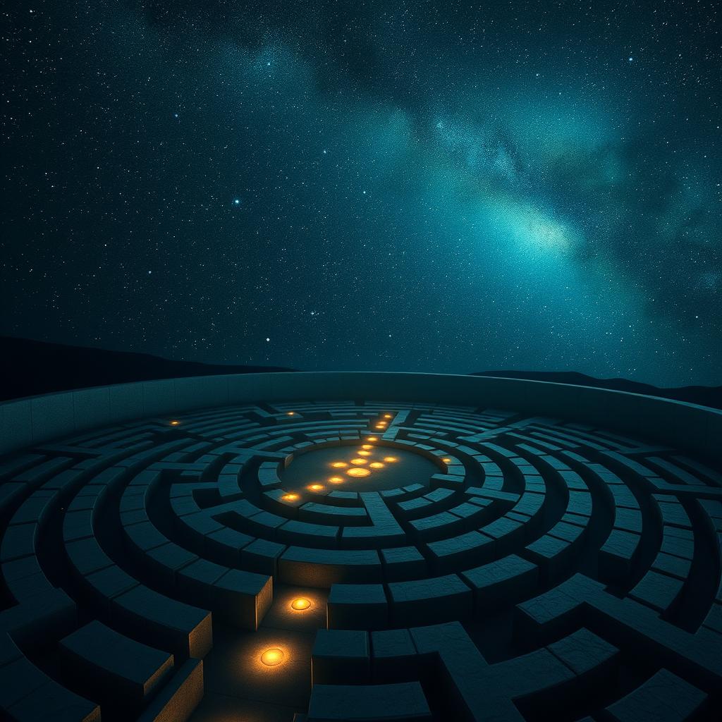 A mystical labyrinth under a starry night sky, with glowing pathways and ethereal lights guiding the way