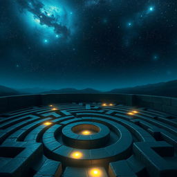 A mystical labyrinth under a starry night sky, with glowing pathways and ethereal lights guiding the way