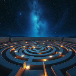 A mystical labyrinth under a starry night sky, with glowing pathways and ethereal lights guiding the way