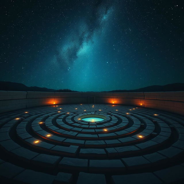 A mystical labyrinth under a starry night sky, with glowing pathways and ethereal lights guiding the way