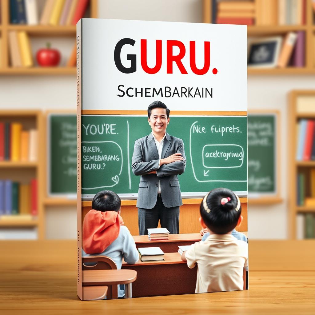 A book cover titled 'Guru, Bukan Sembarang Guru' featuring an inspiring and motivational teacher