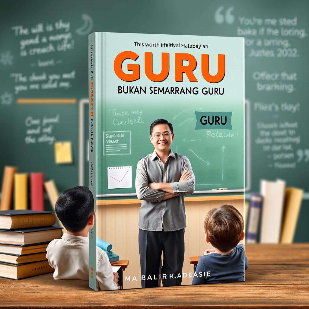 A book cover titled 'Guru, Bukan Sembarang Guru' featuring an inspiring and motivational teacher